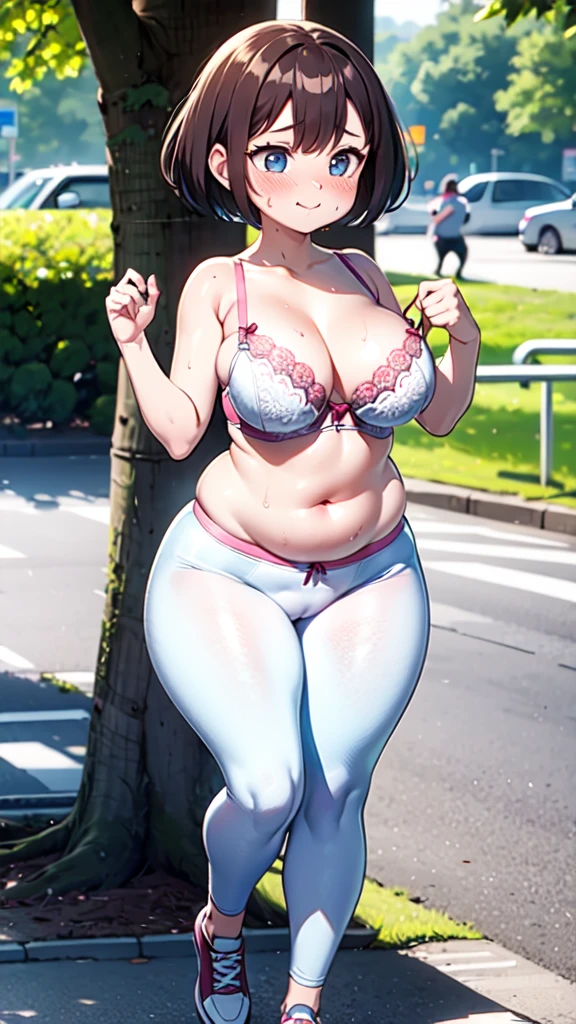 1 woman, Mature woman, running on track, jiggle physics, tight clothing, green hair, long hair, long gorgeous hair, running, sweating, steaming, blushing, morning time, morning, urban park, small white bra, short leggings(random color), white bra, short cut leggings(random color), white & pink shoes, high definition, 4k HD, plump body, wide hips, ginormous breasts, oppai ratio, blump butt, juicy breasts, flat stomach, juicy legs 