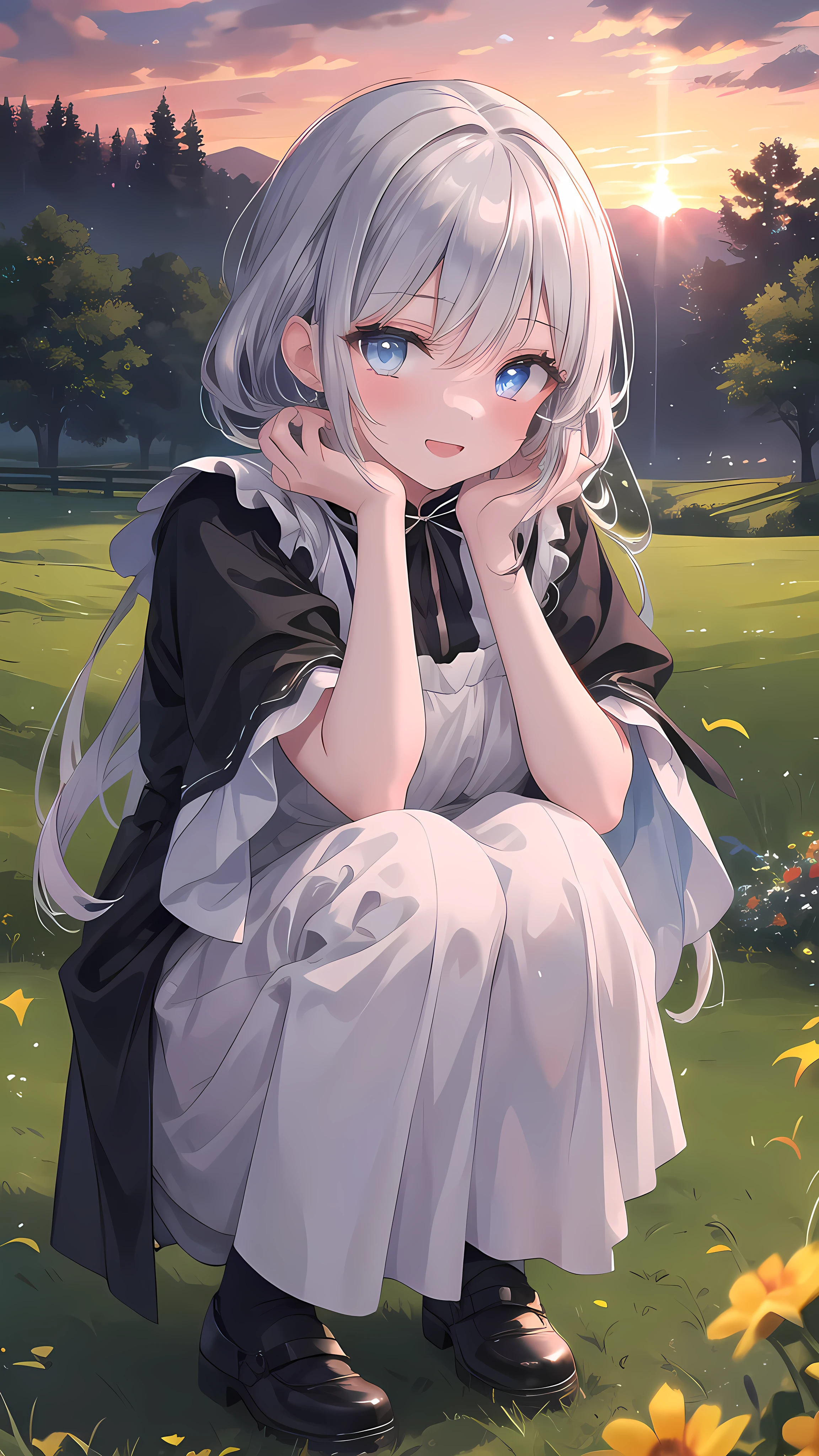 (8k, best quality, master piece: 1.2),super high resolution,1 girl, solo, colorshift eyes, hyperdetailed, expressive eyes, ultra-detailed face, Medieval peasant dress、Random hairstyle、silver gay hair, Quiet countryside, Ecstatic expression, squatting, sunset, Bright, Serene