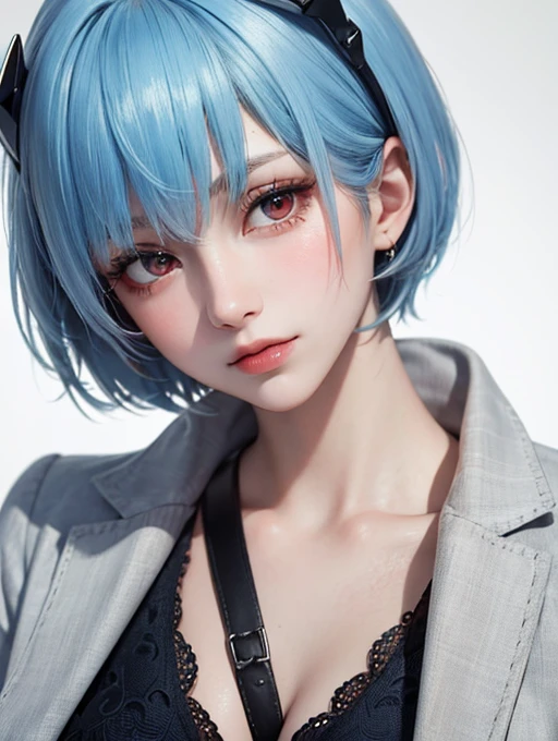 Masterpiece, Best Quality, 8K, Detailed Skin Texture, Detailed Cloth Texture, Beautiful Detail Face, Intricate Detail, Ultra Detailed, Portrait of Rei Ayanami, Blue Hair, Red Eyes, Head Tilt, No Background