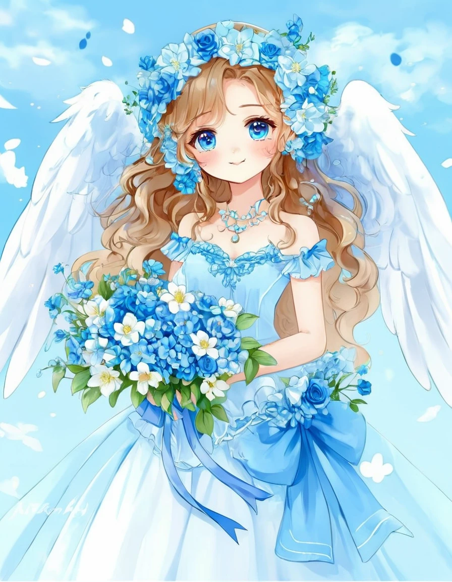 A girl in a blue dress holding a bouquet, of an beautiful Angel Girl, Beautiful angel, Angel Girl, Beautiful Anime style, of Beautiful angel, Beautiful Anime girl, Beautiful Anime art style, Anime Princess, Angelic, Beautiful Anime, Digital art on Pixiv, Cute anime waifu in a nice dress, Marie Angel, Cute and detailed digital art