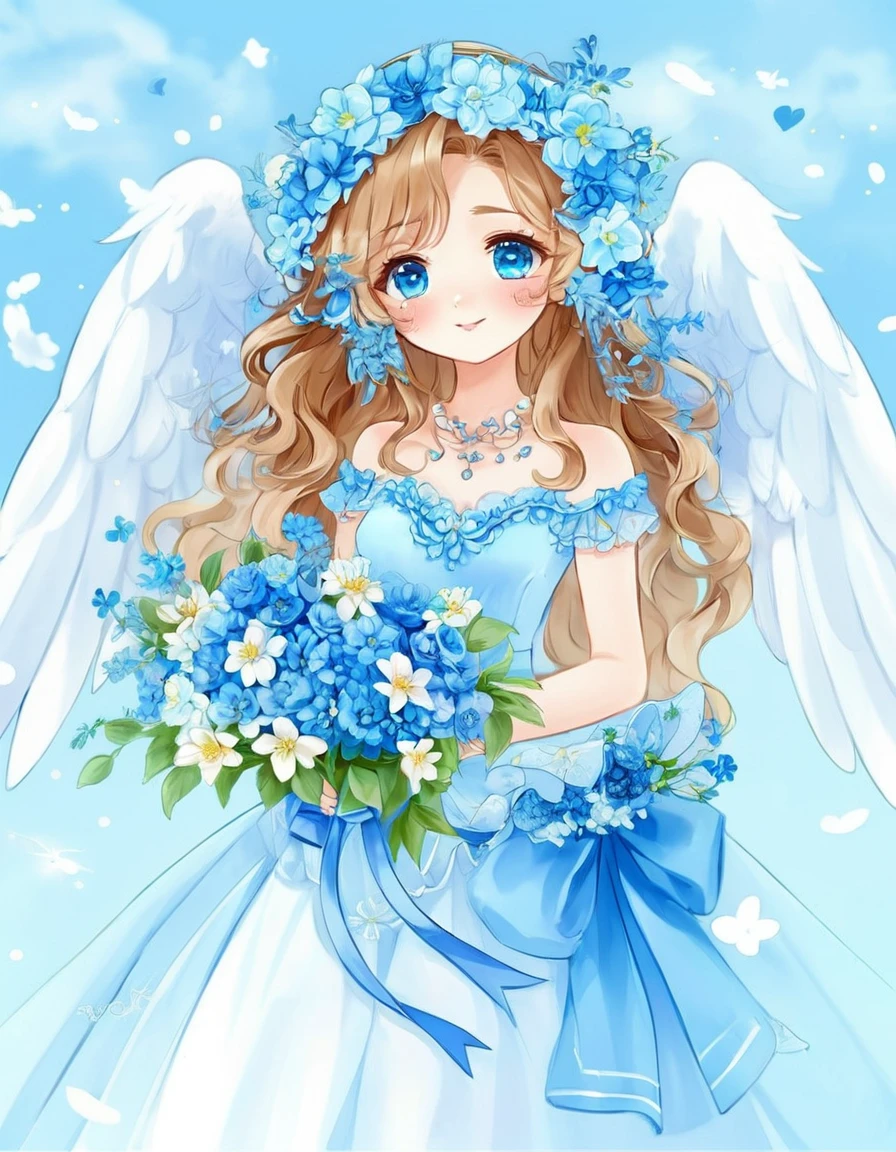 A girl in a blue dress holding a bouquet, of an beautiful Angel Girl, Beautiful angel, Angel Girl, Beautiful Anime style, of Beautiful angel, Beautiful Anime girl, Beautiful Anime art style, Anime Princess, Angelic, Beautiful Anime, Digital art on Pixiv, Cute anime waifu in a nice dress, Marie Angel, Cute and detailed digital art