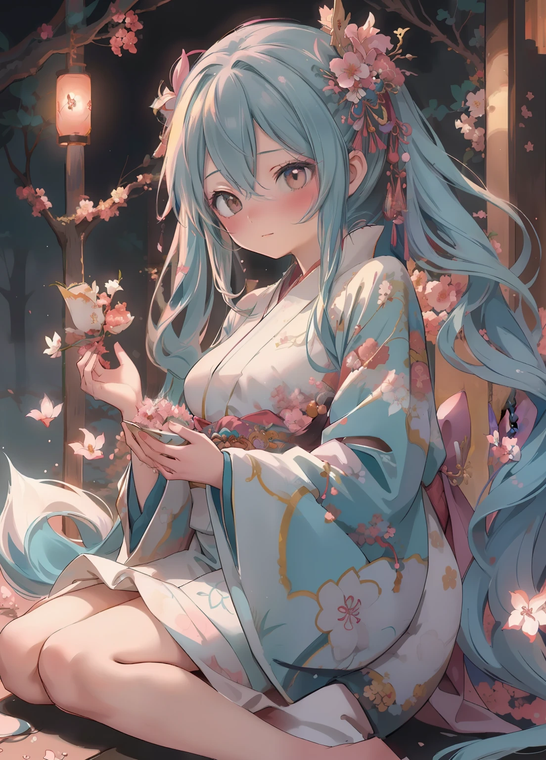 (masterpiece、Highest quality、Highest quality、Official Art、Beautiful and beautiful:1.2)、(One girl:1.3)Hatsune Miku、Twin tails,Beautiful breasts,A painting of a woman with long hair and flowers in her hands, Korean Art Nouveau Animation, Japanese Goddess, Flowing hair and long robes, Anime fantasy illustration, Inspired by Soami, Akira in Chinese mythology, Japanese art style, Beautiful fox woman, Inspired by Noami, inspired by Tsukioka Yoshitoshi, Empress of autumn