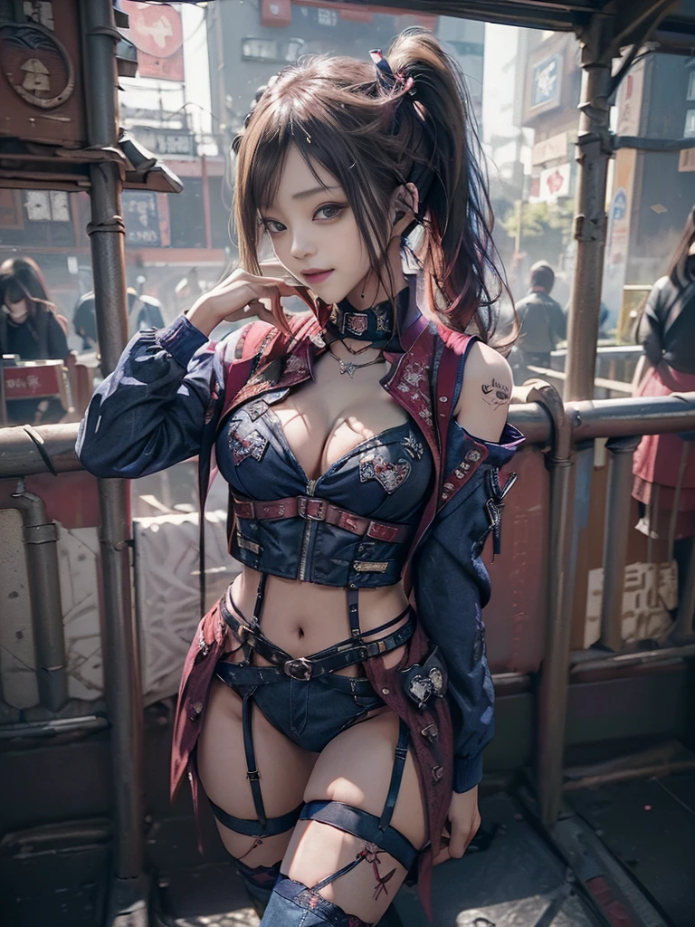 (Full Body View:1.2)、(Smiling with teeth showing:1.3),(Shibuya Gal:1.5)、(Modern Stewardess Costume:1.4)、(Neo-Goth Fashion:1.5)、(Punk RockVisual Kei:1.3)、(Futuristic red, magenta, denim and navy blue bodysuit:1.5)、(Delicate red and magenta cardigan:1.5)、(Gorgeous decorated corset:1.4)、(Navy garter belt:1.5)、(Red and magenta cargo pants:1.3)、(Heart-shaped silver accessories:1.5)、(Brown Skin Belt:1.4)、(Red high heels:1.4)、(Lace underwear:1.4)、20-year-old、Browsing Caution,((Highest quality、In 8K、masterpiece:1.3))、Sharp focus:1.2、(Layered Cut、Huge breasts:1.1),Beautiful woman with perfect figure:1.4、(Dance vigorously:1.3)、Slim Abs:1.2、Butt、Highly detailed face and skin texture、Fine grain、double eyelid,(Twin tails:1.3)、(Brown blonde:1.3)、Obscene、Idol Sculpture、(In the background is a gorgeous medieval metropolis on a sunny day:1.3)、(Slimming your legs:1.4)、(The body is slim:1.3)、(clavicle:1.1)