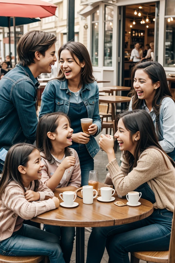 Create 4 friends sitting in a cafe and laughing they have to be three girls and a boy