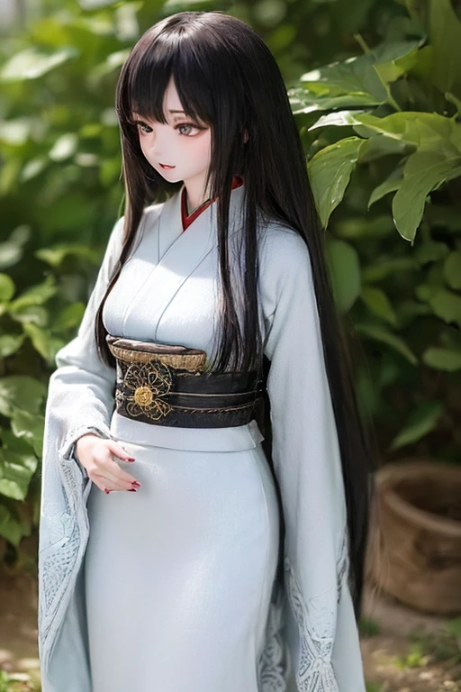 (SFW:2), photorealistic, realistic photo, ((highest quality)), ((masterpiece)), ((extremely detailed)), kukolnydom, doll, (mature woman, 20yo, 20 years old:1.6), solo, ((cowboy shot, standing, skinny, slender, slim, kimono, obi, hair ornament)), green eyes, parted lips, (black hair, long hair, looking at another, blank eyes, empty eyes, detailed eyes, detailed clothes:1.3), Japanese garden, 8k