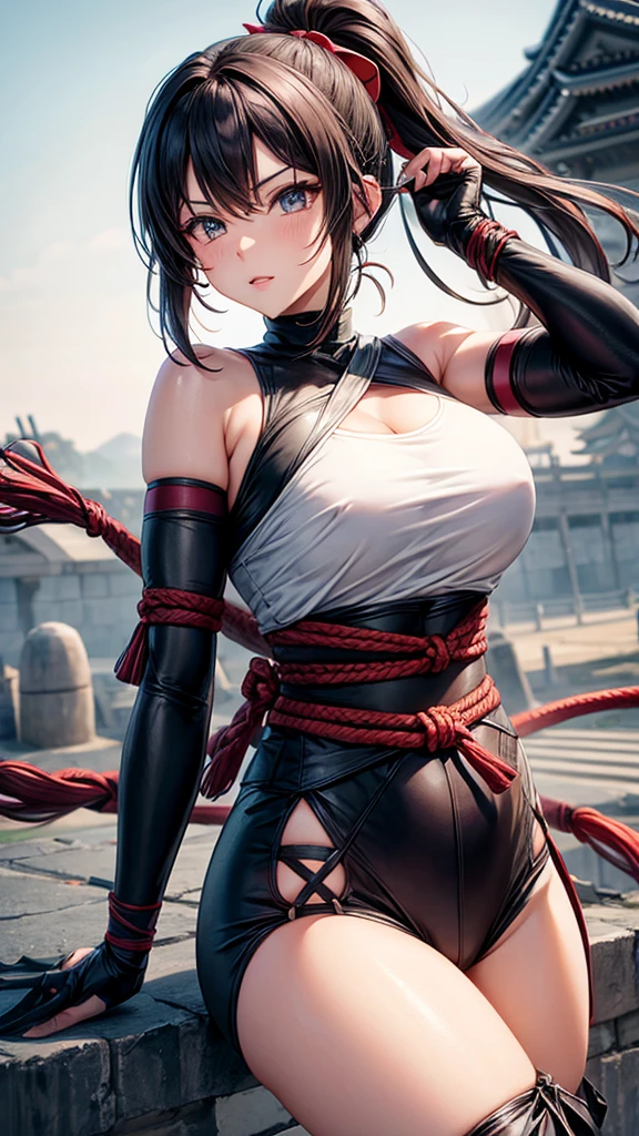 Big breasted kunoichi is tied up with rope and wearing ninja clothes. The background is Himeji Castle. Don't expose yourself too much.