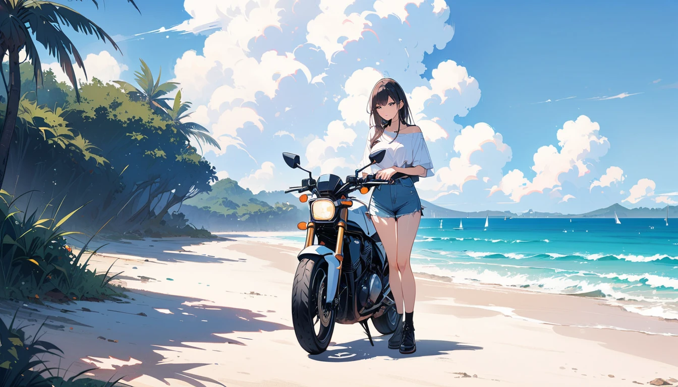 (masterpiece, Highest quality:1.2), 1 Girl, alone,Eyes open,Tropical atmosphere,Ocean,Standing next to the motorcycle