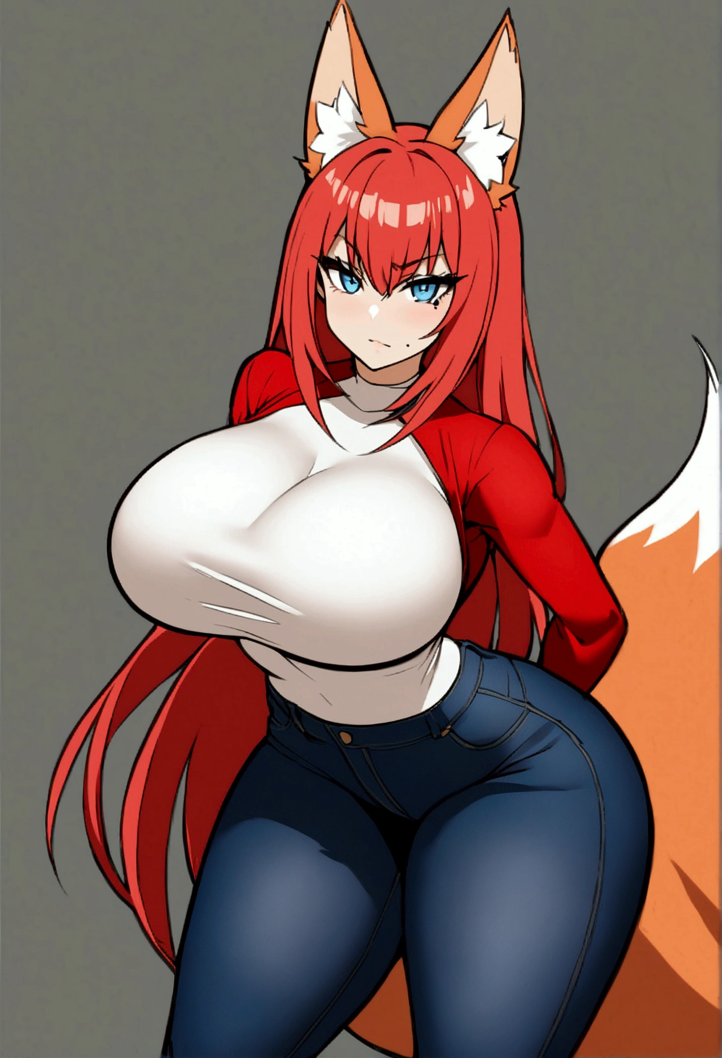 Create an image of a woman with red hair, she also has red fox ears, and several fox tails, she has a tight long-sleeved shirt on her huge breasts, her dark jeans tight on her big ass she has blue eyes, And a serious face, She has a small brown mole on the left side of her face near her chin