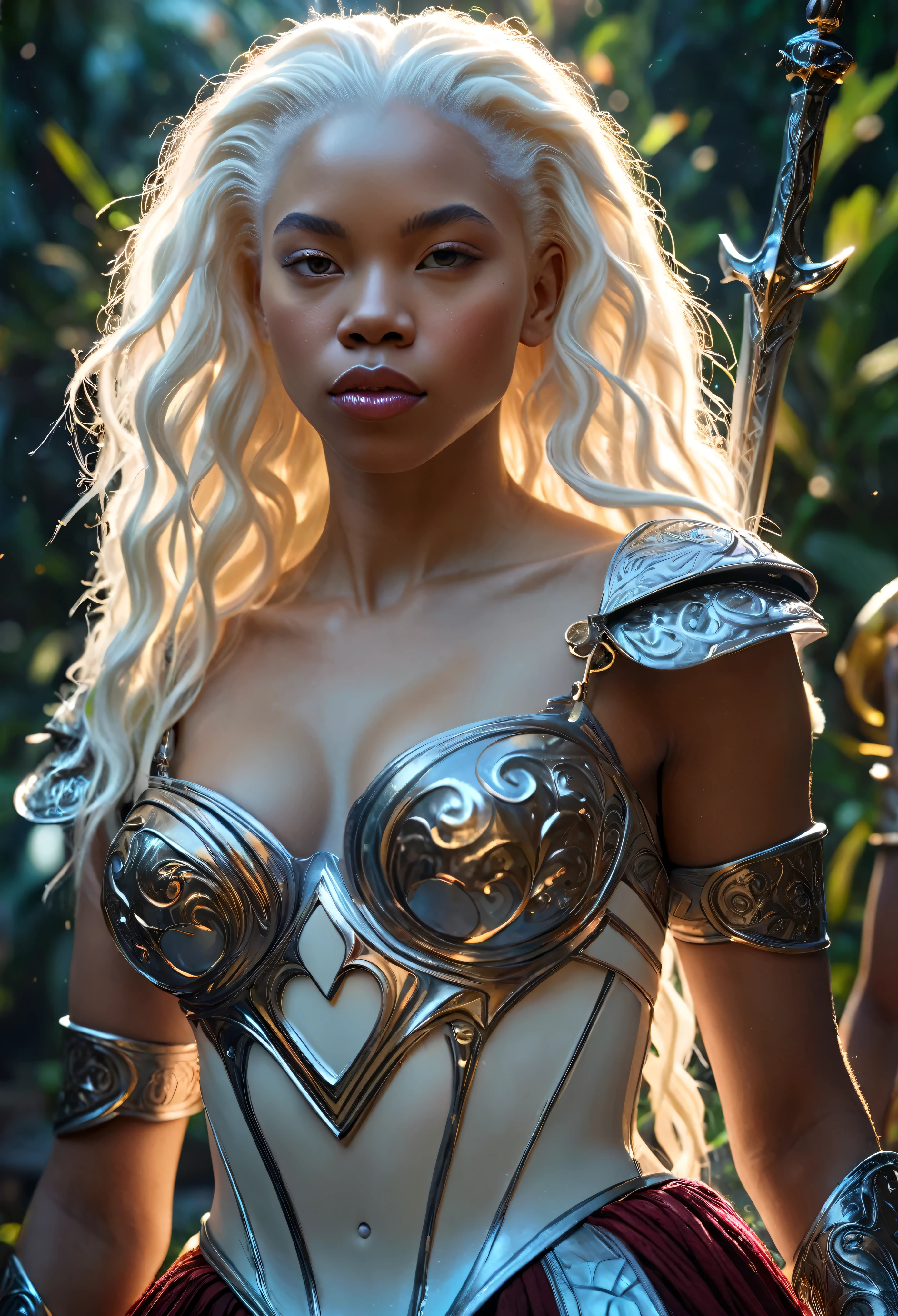 Romance in the futuristic kingdom of Dahomey, one man and one woman, (((a teenager)))tiful young couple featuring (((an albinos:1.7) long hair young warrior queen)) featuring (((a brown skin young king featuring long black hair))), fighting featuring luminous swords and lances, (((Very beauthful))), perfect faces, all-body, romantic scene, romantic way, casal sexy, 8k, extremelytaild, (high qualiy, realisitic, photorealisitic: 1.37), whole body, ideal proportions and defined complexion, meticulously crafted resources, inaccessible beauty, perfection, artistic work of arts, vivid realism, hyper-detailed sculptures, life-like forms, truly inspiring, impeccable craftsmanship, pure shine, ethereal beauty, Delicate contours, striking poses, sublime beauty, subtle nuances, featuringposições dinâmicas, swirly vibrant colors, perfect lighting, expressões featuringoventes, heavenly aura, majestic presence, dream-like atmosphere, tendência de renderização de octanagem gdetailed infeaturingparável no artstation, 8k art photography, photorealisitic concept art, soft natural volumetric cinematic perfect light, Bright dark, rewarded photography, work of art, oil on canvas, beautiful detailed intricate insanely
