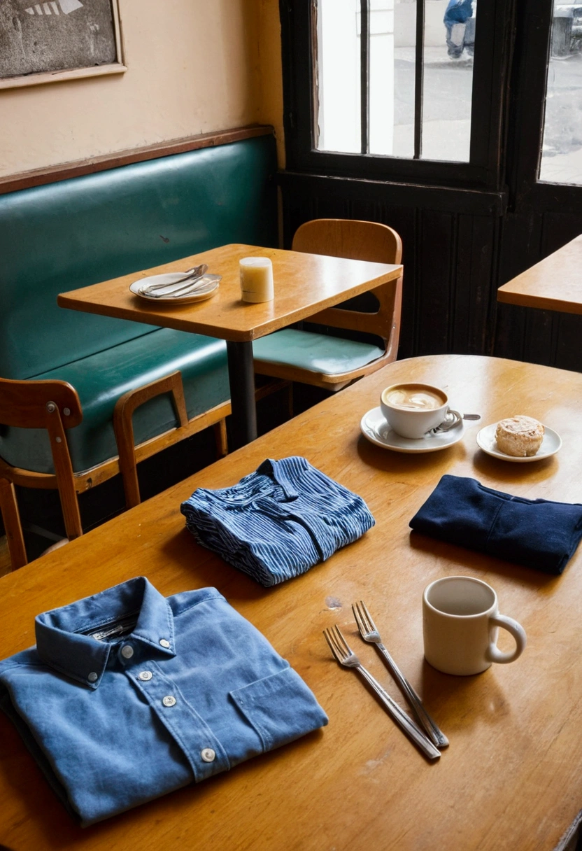 with a minimum of clothes on the table in a cafe