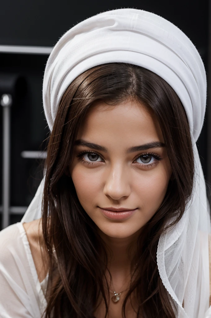 jeune femme dans la vingtaine, aux cheveux noir typé Marocaine et Italienne, elle n'a aucune emossions sur son visage, elle ne sourit pas, l'arriere plan est tout blanc comme dans un studio photo