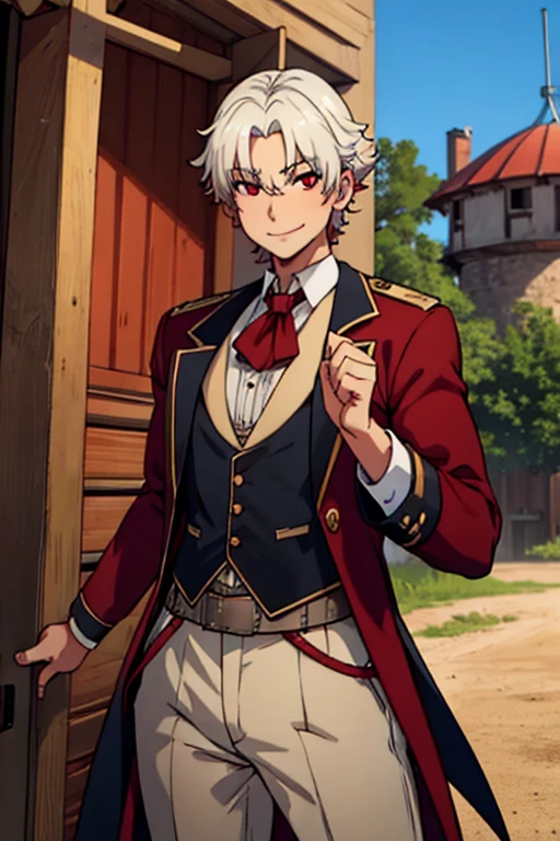 Perfect face. Perfect hands. A young white haired man with red eyes in a Gothic sheriff's uniform is smiling in front of water tower in a wild west town