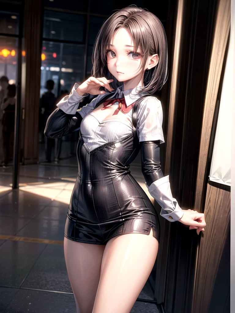 ((Best of the highest quality, 8k, Masterpiece, raw photo: 1.1)), (Sharp focus: 1.1), (1 AESPA, slim body type female, 22 y/o: 1.1), solo, Portrait Waist Up, (realistic, photo-realistic:1.37), face focus, finely small eyes, (forehead, short bob hair: 1.32), (sharp chin, droopy eyes: 1.32), (sad eyes: 1.1), (Emphasize prominent aegyo-sal with bright: 1.28), shimmering eyeshadow applied under the lower lash line, paired with thick, (small breasts, flat chest, thigh: 1.2), (short bob hair: 1.2), (fright attendant uniform, ribbon: 1.28), walking airport terminal, flower, anime