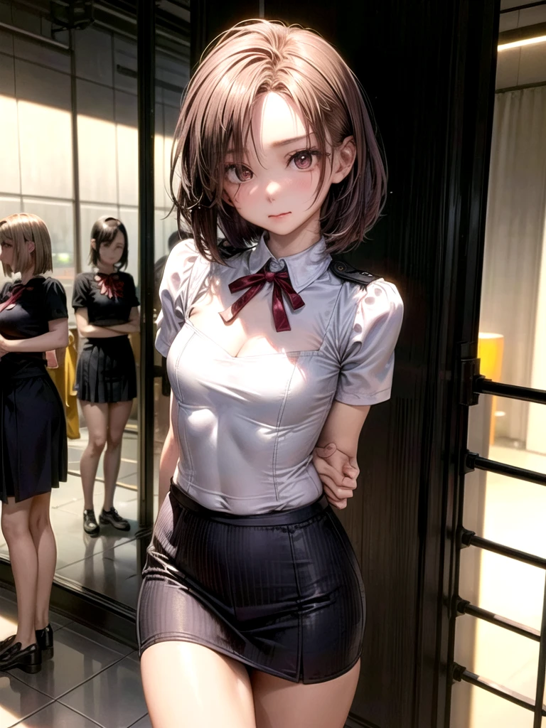 ((Best of the highest quality, 8k, Masterpiece, raw photo: 1.1)), (Sharp focus: 1.1), (1 AESPA, slim body type female, 22 y/o: 1.1), solo, Portrait Waist Up, (realistic, photo-realistic:1.37), face focus, finely small eyes, (forehead, short bob hair: 1.32), (sharp chin, droopy eyes: 1.32), (sad eyes: 1.1), (Emphasize prominent aegyo-sal with bright: 1.28), shimmering eyeshadow applied under the lower lash line, paired with thick, (small breasts, flat chest, thigh: 1.2), (short bob hair: 1.2), (fright attendant uniform, ribbon: 1.28), walking airport terminal, flower, anime