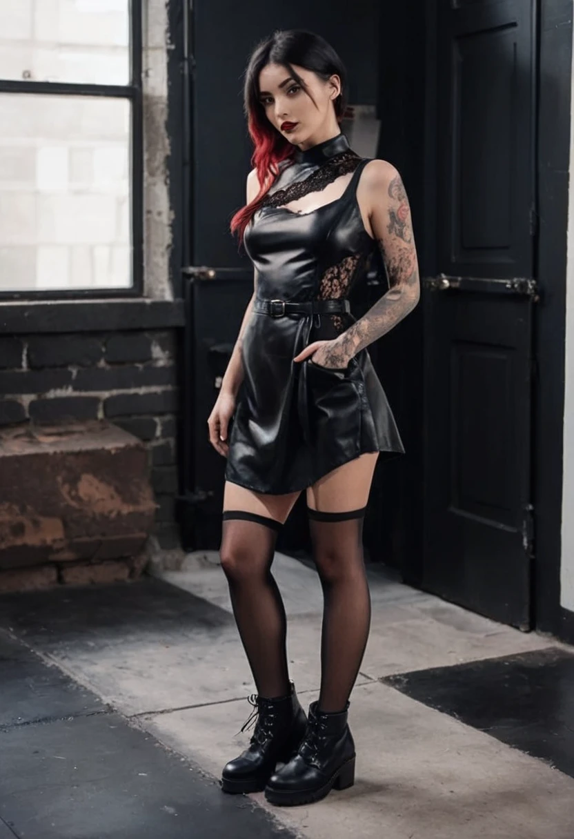 A woman wearing a red leather and black lace dress. Short, one-piece dress. with black belt. Work clothes outfit. Sleeveless. Asymmetrical hem. One side bare shoulder. Strappy shoulder. Deep dark red leather . Over knee non-matching socks. Black ankle boots. Square block heel. Hair dyed black and blue