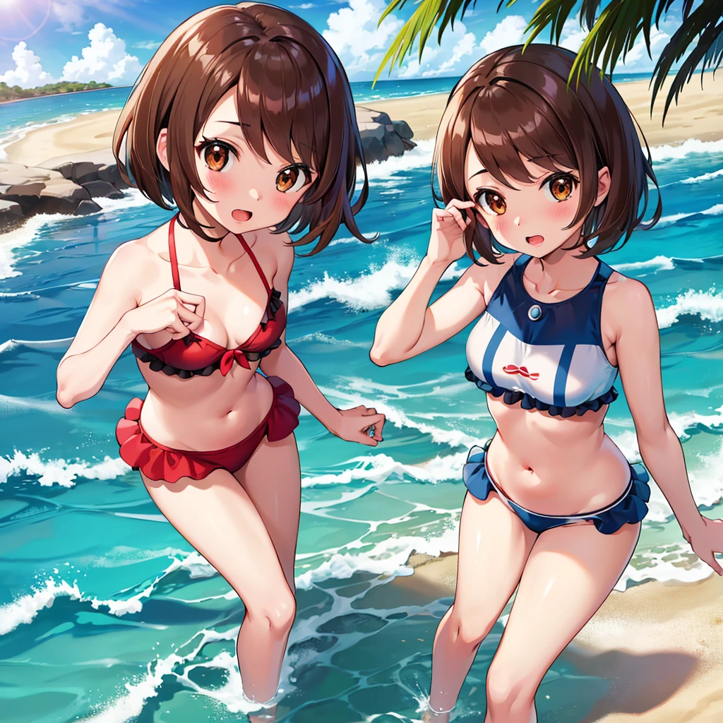 masterpiece, Highest quality, High resolution, Gloria1, 1 Girl, Gloria\(Pokémon\), Brown Hair, , Brown Eyes, , Short Hair, , Bobcut, bangs, , 　１Describe a girl carefully　１Girl　Alluring expression　blush　Open Mouth　blush　beach　Ocean　Sexy Bikini