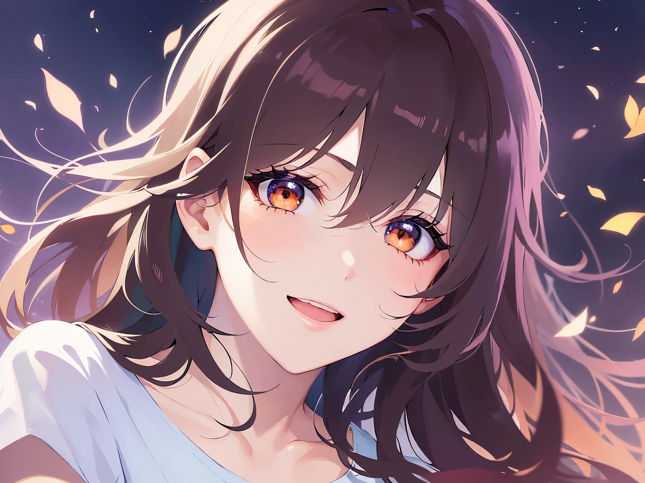 (looking at viewer:1.5),upper body,head tilt, Realistic, real person, (pale skin: 1.2), RAW photo, photorealistic, shiny skin, shiny hair、 (A 25-year-old woman with medium-length hair and bangs) and (wavy hair) and (brown hair) and (orange eyes)、(white) and (T-shirt:1.5) and (V neck) 、Cleavage、blush, (smile:1.5),Midnight in the Park、Night Sky、(alone:1.5)