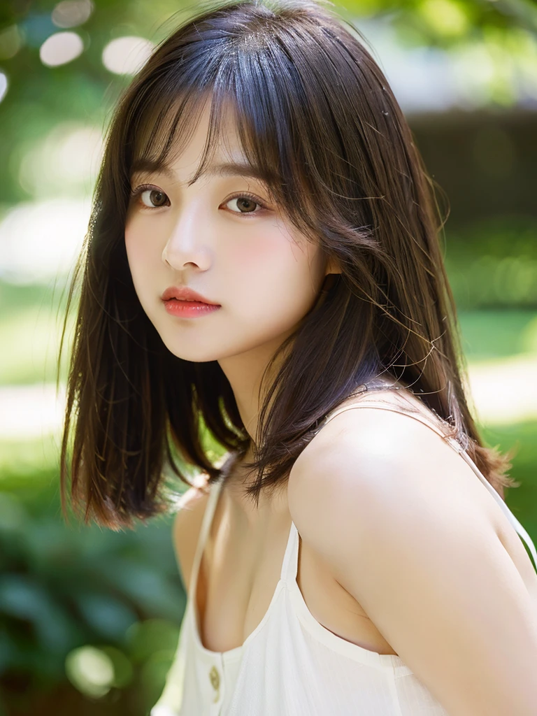 ((Shining beautifully、Very well-groomed straight bob hair))、Plein Air, solo,Highest quality、Ultra-high resolution、Bans　(Beautiful poop:1.3) ((cute:1.3))、(()) White shirt　Décolletage　Natural color lips　(upon)  sense of cleanliness　Pure　Half-open lips