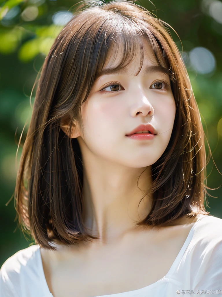 ((Shining beautifully、Very well-groomed straight bob hair))、Plein Air, solo,Highest quality、Ultra-high resolution、Bans　(Beautiful poop:1.3) ((cute:1.3))、((16 years old)) White shirt　Décolletage　Natural color lips　(upon)  sense of cleanliness　Pure　Half-open lips