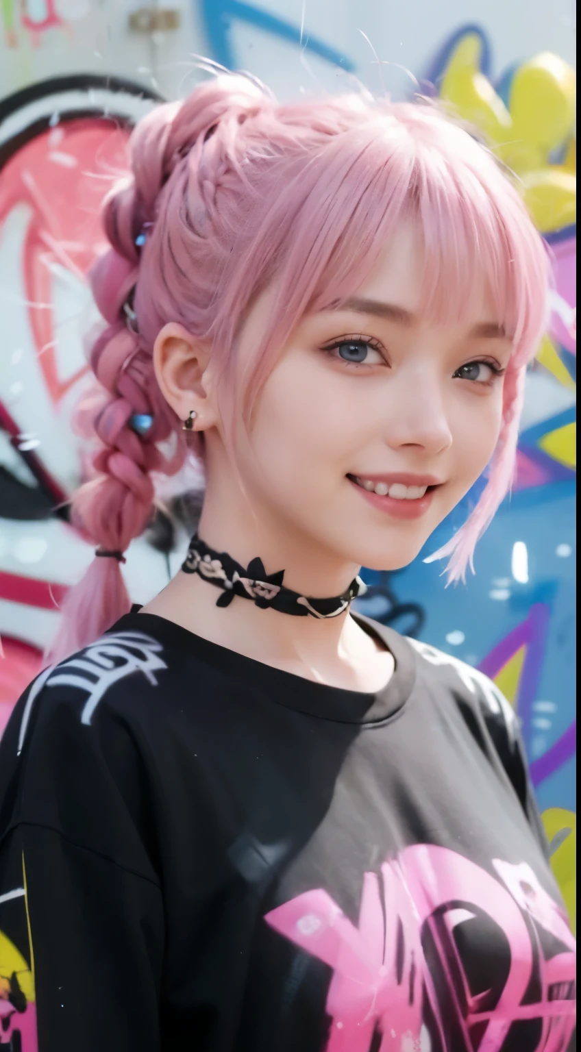 (very detailed), black psychedelic shirt、blue eyes,upper part of the body、closeup、18 years old、faces、(smile:1.5),(facing forward:1.2),(table top:1.3, best quality, realistic, very detailed, in detail, high resolution, 8K wallpapers), 1 beautiful girl, beautiful face, detailed face, beautiful eyes, detailed eyes, looks fun、smiling, earring, necklace, Only 1 person,pink hair medium hair, (pink hair), Ear hair, , single braid, (single braid), (side braids),on stage, spotlight, 、denim shorts, choker, (Doodle:1.5), paint splatter, arms back, on the wall, looking at viewer, Armband, thigh straps, paint the body,