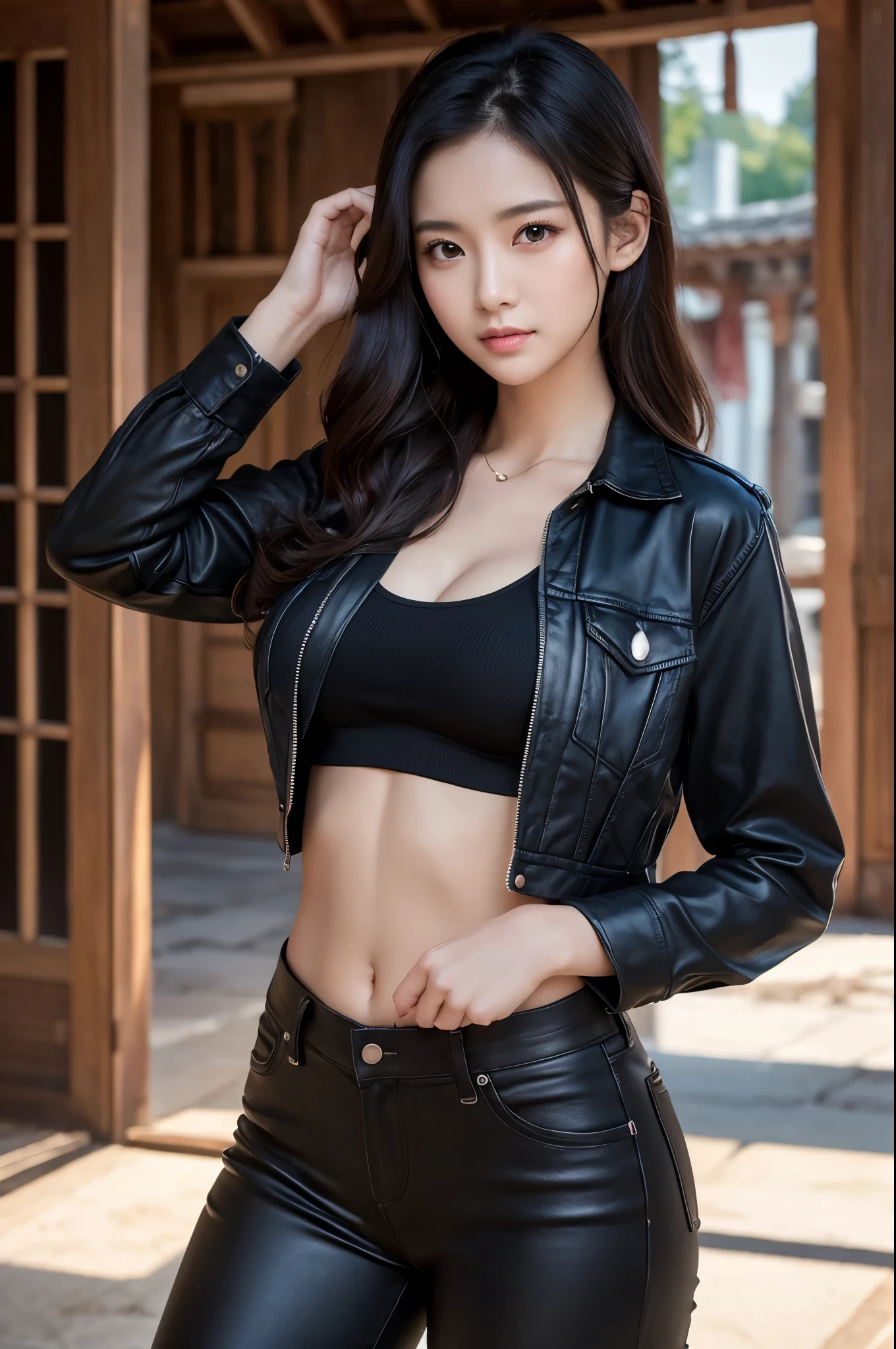 8k,sister,so beautiful(Like the real thing),My sister is cool and short with very big breasts.,Toned, muscular body,sexy,clear narrow eyes,black eye,coolな笑顔,Black long perm,Blue combat jacket,Black Shirt,Black combat pants,short,cool,Compensate,Ultra-Realistic Skin,compensate,masterpiece,Photorealistic RAW photos of the highest quality。Bright colors,Rich colors, Backlight, Cinema Lighting, Film Grain, to be born, 50mm lens, Nikon D850,Detailed character art,Fantasy art,Ultra-high resolution,Ultra-Realistic Skin,Perfect hand shape,In front of the abandoned temple,Beautiful expression,close,Sharp Eye,Very large breasts,sexyな胸元,Accentuate your cleavage,