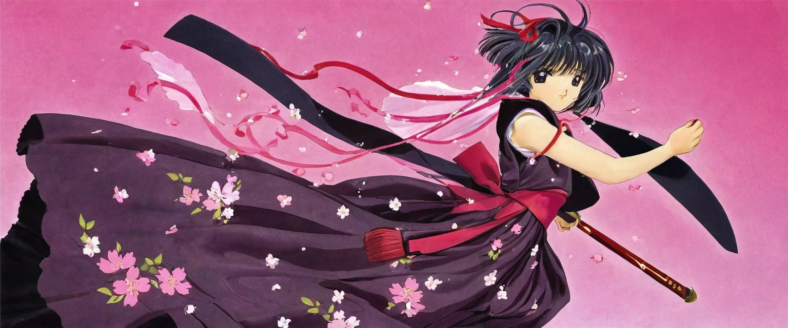 10 year old girl underwear, Sakura Shinguji、Realistic bloomers made from patterned cotton fabric, Japanese clothing and hakama, Fabric Realism, Low - Angle, I see bloomers, Pull up the dress by hand, Strong winds, Translucent slip, Translucent slip, tights, Highest quality, whole body、Black Hair、Holding a sword、Big ribbon in hair