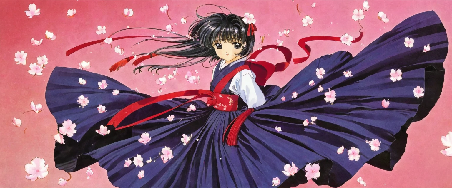 10 year old girl underwear, Sakura Shinguji、Realistic bloomers made from patterned cotton fabric, Japanese clothing and hakama, Fabric Realism, Low - Angle, I see bloomers, Pull up the dress by hand, Strong winds, Translucent slip, Translucent slip, tights, Highest quality, whole body、Black Hair、Holding a sword、Big ribbon in hair