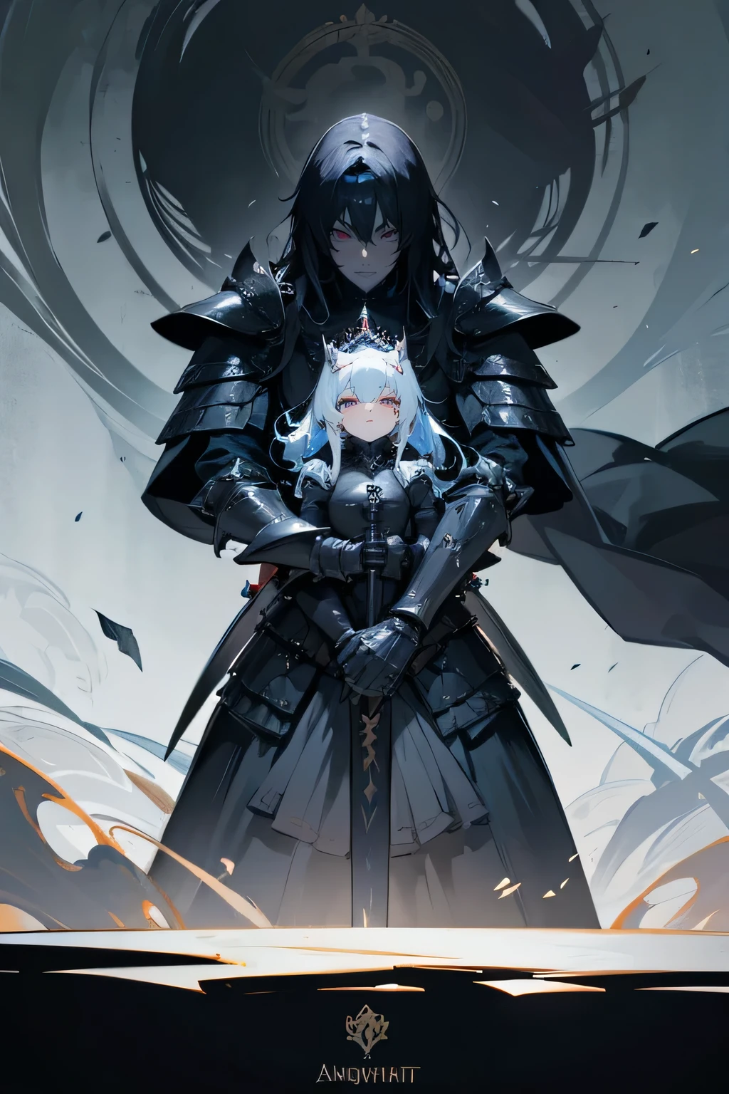 asian knight with black armor and princess with black armor dp full hp gothic, detailed eye, silky hair, colorful detail, 4k