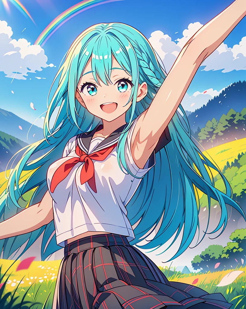 (Highest quality, 32K, High resolution, Masterpiece:1.5, ), One Girl, Cute anime-style illustrations, god々It has a brilliant and healing power., , Expressing emotions, Have a rich imagination, Cute Japanese Girls, Perfect Human Anatomy, Big light blue eyes, Motherhood and generosity, Deep Love, ((A cheerful smile:1.6)), ((Shiny aqua hair:1.4)), Super long straight silk hair swaying in the wind, Asymmetrical bangs, Hair between the eyes, Transparent, soft white skin, Sharp eyebrows, Thin lashes, Natural Makeup, Cheek highlighter, Detailed and cute lips, (Black T-shirt:1.2), (Red checked pleated skirt:1.3), ((Rural scenery stretching to the horizon:1.2)), ((A Rainbow:1.2)), Slim figure with ample breasts, Beautifully detailed skies, ((Vibrant petal effect:1.2)), god秘的