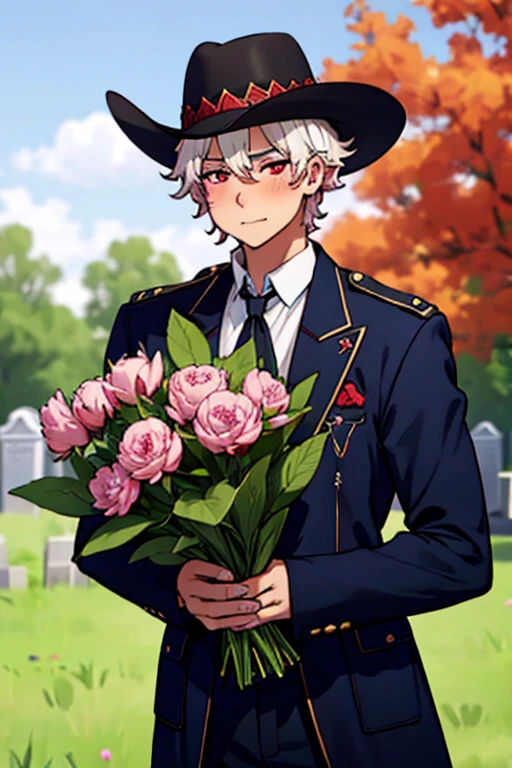 Perfect face. Perfect hands. A young white haired man with red eyes in a Gothic sheriff's uniform is holding a bouquet of peonies with a blush in a cemetery in a wild west town