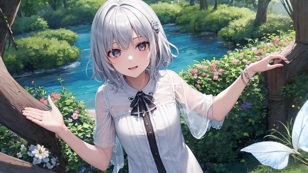 Ultra HD,Look at the viewers, Put your hands behind your back, With a girl, 20-year-old, 非常にShort Hair, Long bangs between the eyes, Pale blue eyes, Very detailed,(masterpiece、Highest quality),Gray Hair、Laughter、Fantastic, Silver Hair, Iris, Short hair、 Fluttering Hair、Small Face、明るいsmile、(Detailed face) ,Professional Lighting,Wonderful landscape,blue sky, sunlight,Looking down from above,Portraiture、Open your mouth、Flower Field、Her eyes were shining、Mysterious and enchanting atmosphere。With AI Painting、とてもShort Hair, Long bangs between the eyes, Very detailed,(masterpiece、Highest quality)、alone、Gray Hair、Fantasy, Silver Hair, Fantasyな風景、smile、Open your mouth、short hair、Short Hair、hairpin、black eye、Grey Eyes、Beautiful Eyes、Black Shirt、White hoodie