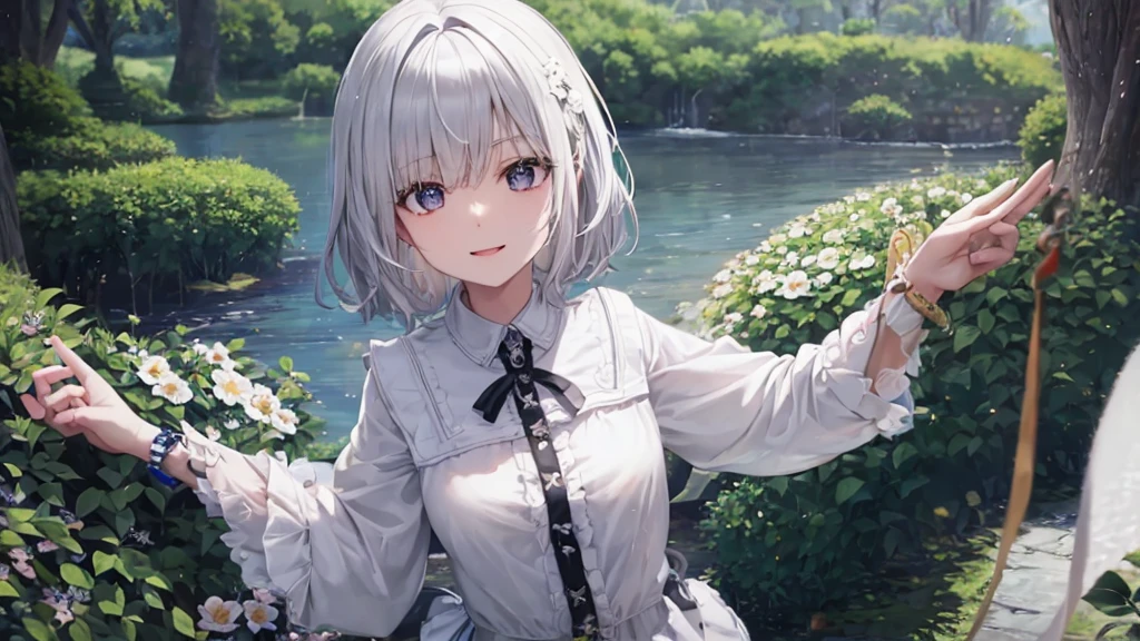 Ultra HD,Look at the viewers, Put your hands behind your back, With a girl, 20-year-old, 非常にShort Hair, Long bangs between the eyes, Pale blue eyes, Very detailed,(masterpiece、Highest quality),Gray Hair、Laughter、Fantastic, Silver Hair, Iris, Short hair、 Fluttering Hair、Small Face、明るいsmile、(Detailed face) ,Professional Lighting,Wonderful landscape,blue sky, sunlight,Looking down from above,Portraiture、Open your mouth、Flower Field、Her eyes were shining、Mysterious and enchanting atmosphere。With AI Painting、とてもShort Hair, Long bangs between the eyes, Very detailed,(masterpiece、Highest quality)、alone、Gray Hair、Fantasy, Silver Hair, Fantasyな風景、smile、Open your mouth、short hair、Short Hair、hairpin、black eye、Grey Eyes、Beautiful Eyes、Black Shirt、White hoodie