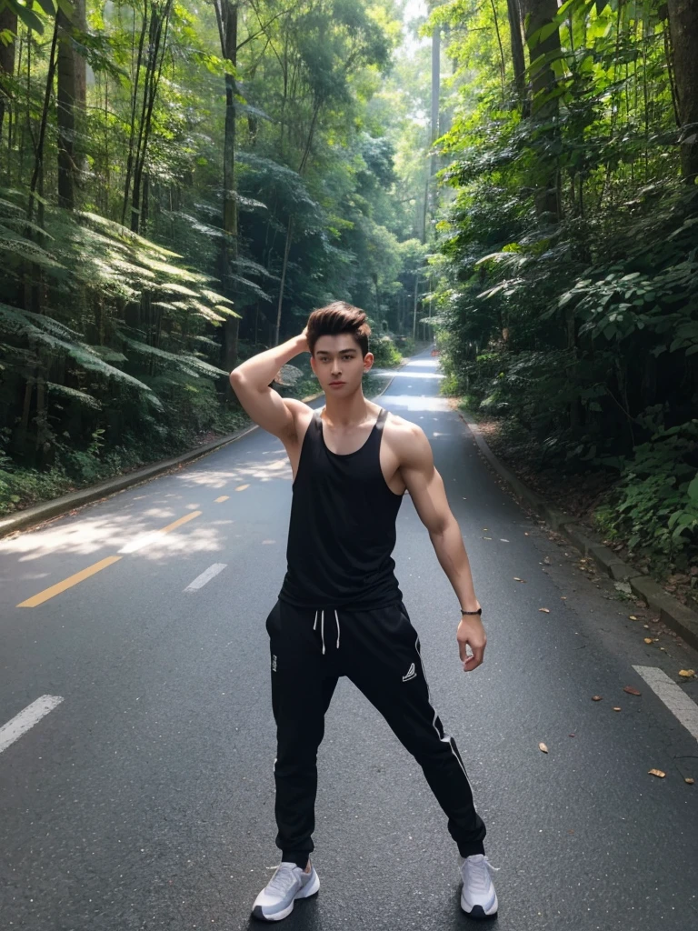 male, 20-year-old boy, Iris, Slickback, Sleeveless clothing, Full body photo, Turn your head towards the camera, parking, Dense forest, Tank top showing muscles,dance,cool