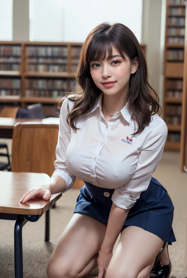 (((neat woman, perverted:1.9,hand on mouth,deep make up:1.8,touch own nipples over clothes:1.9,little pussy juice:1.9))),(((kneeling on the huge desk,huge breasts:1.8,kind big smile:1.8,kind big smile,blush:1.8,deep cheek:1.8))),please touch me,eat me,tempting viewer,i want you))),(((blush,blush,deep cheek,deep cheek)))),(cinematic lighting), (Photo real:1.4)、(A hyper-realistic:1.4)、(Photorealistic:1.3)、 (gentle lighting: 1.05)、(Improve the lighting quality of your video:0.9)、 32k、25years old woman、photorealistic lighting、Back lighting、Facial Lights、Ray Trace、(bright:1.2)、(Increase quality:1.4)、 (best quality real texture skin)、Fair eyes,delicate face、 Close-up of the face, ((((Wearing the white collared-shirts:1.4),(tight navy skirt:1.4),(high-heel:1.4))),(Bodyline mood improvement:1.1)、Glossy skin、good figure,perfect anatomy,Beautiful actress,(((beautiful huge soft breasts:1.8,huge breasts,slender waist,slender hip,long slender legs,8heads tall))),(((8heads tall))),(((brown wavy midium hair,bangs))),(((sweat skin,shiny skin,in the beautiful library,super clean night view,in the night))),