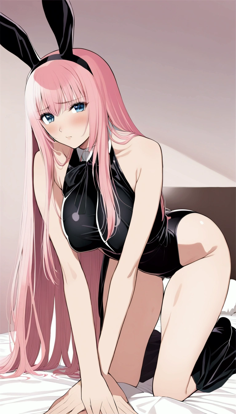 Masterpiece,Beautiful adult woman ,Megurine Luka,Big Breasts,Bunny girl,High leg black outfit,Pink long hair,blue eyes,Embarrassed expression,blush,Sexy々A pose,sit,On all fours,Bedroom,Complete human body