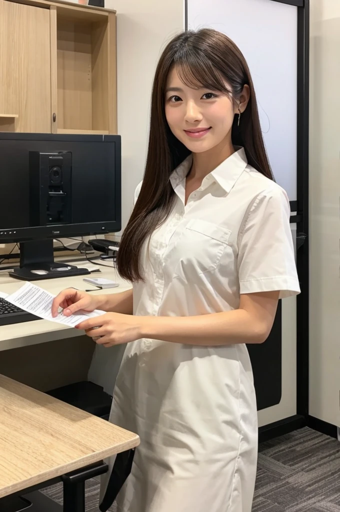 Highest quality、Beautiful Japanese Woman、In the office、White shirt、valley