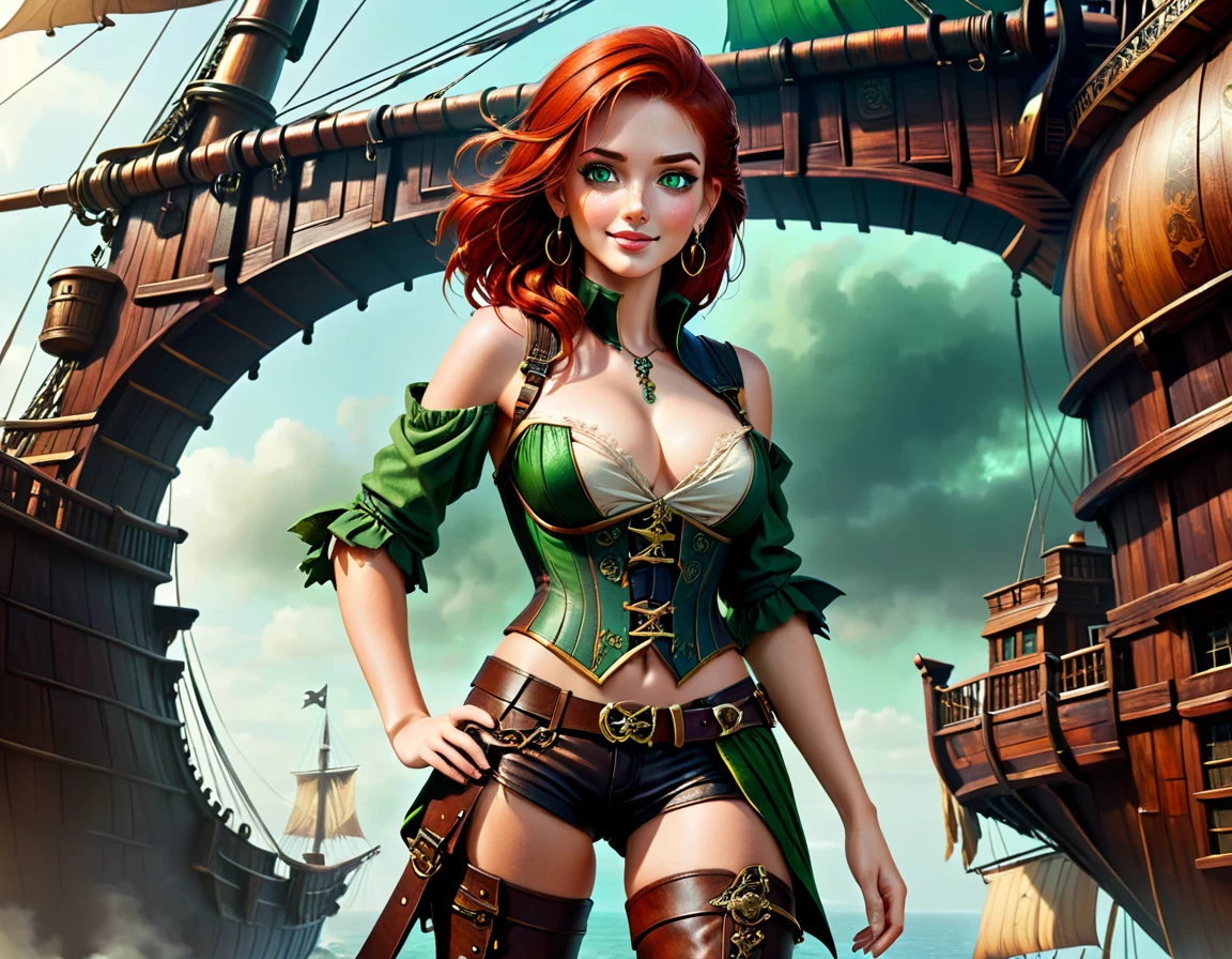 (Artwork), best quality, expressive eyes, perfect face, (pirate ship background), (standing), (smug smile), (close up view), (1 girl, freckled skin, glowing skin, red hair, green eyes, hourglass figure, thin body, skinny body, petite_body, medium breasts, thick thighs, long nails, hoop earrings, bare breasts, black leather corset below the breasts, brown leather shorts, brown boots, cleaver sword sheathed, flintlock pistol in holster, hoop earrings, miscellaneous jewelry) thong straps
