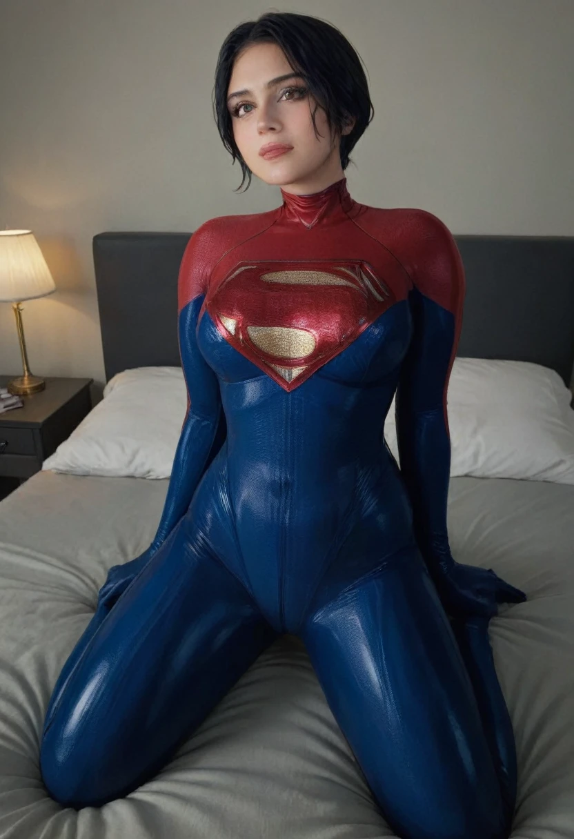 8k wallpaper of Solo DCEU Supergirl, her suit is shining like latex, Laying over bed indoors bedroom showing her Booty