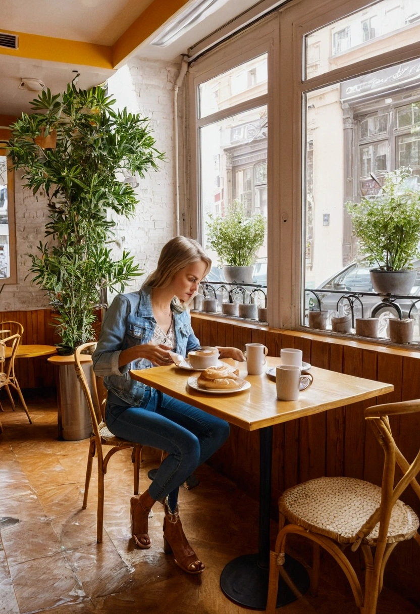 with a minimum of clothes in a cafe on the table