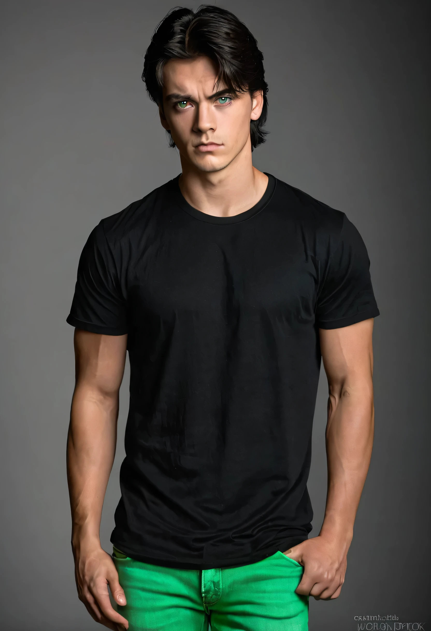 young guy, 20 years, dark hair, athletic build, black T-shirt, green jeans, grey eyes, mysterious, serious face, full length