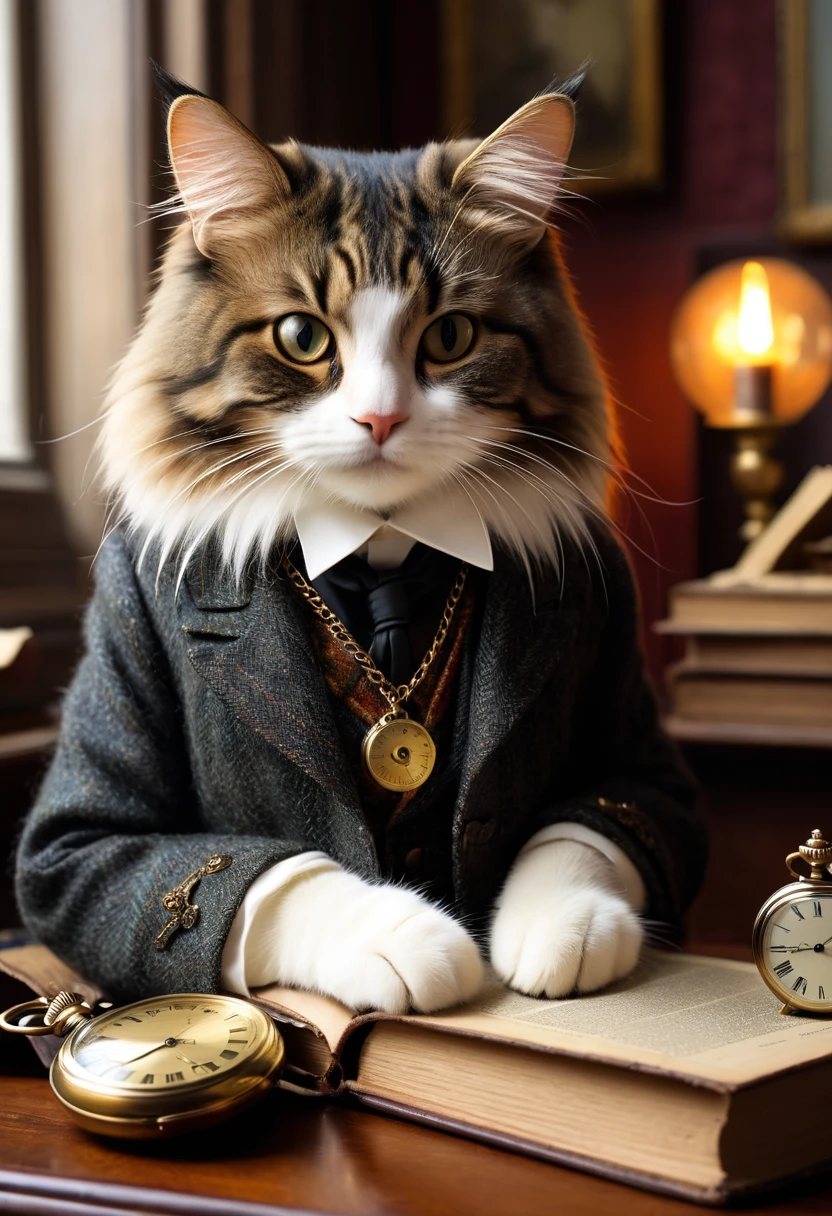 Realistic portrait of an animal in clothes - beautiful anthropomorphic Norwegian Forest Cat, Sherlock Holmes costumes、Wear glasses、Holding a pocket watch in your hand(1880An apartment on Baker Street in England in the 1970s、A desk piled with thick books), high quality,(Lovely) ,Intricate details, Very detailed (Tweed suit) ,Antique photos、Nostalgia、Very detailed decorations,, (Melancholy), Flickering candle light、Shimmer(Full body image:1.5)