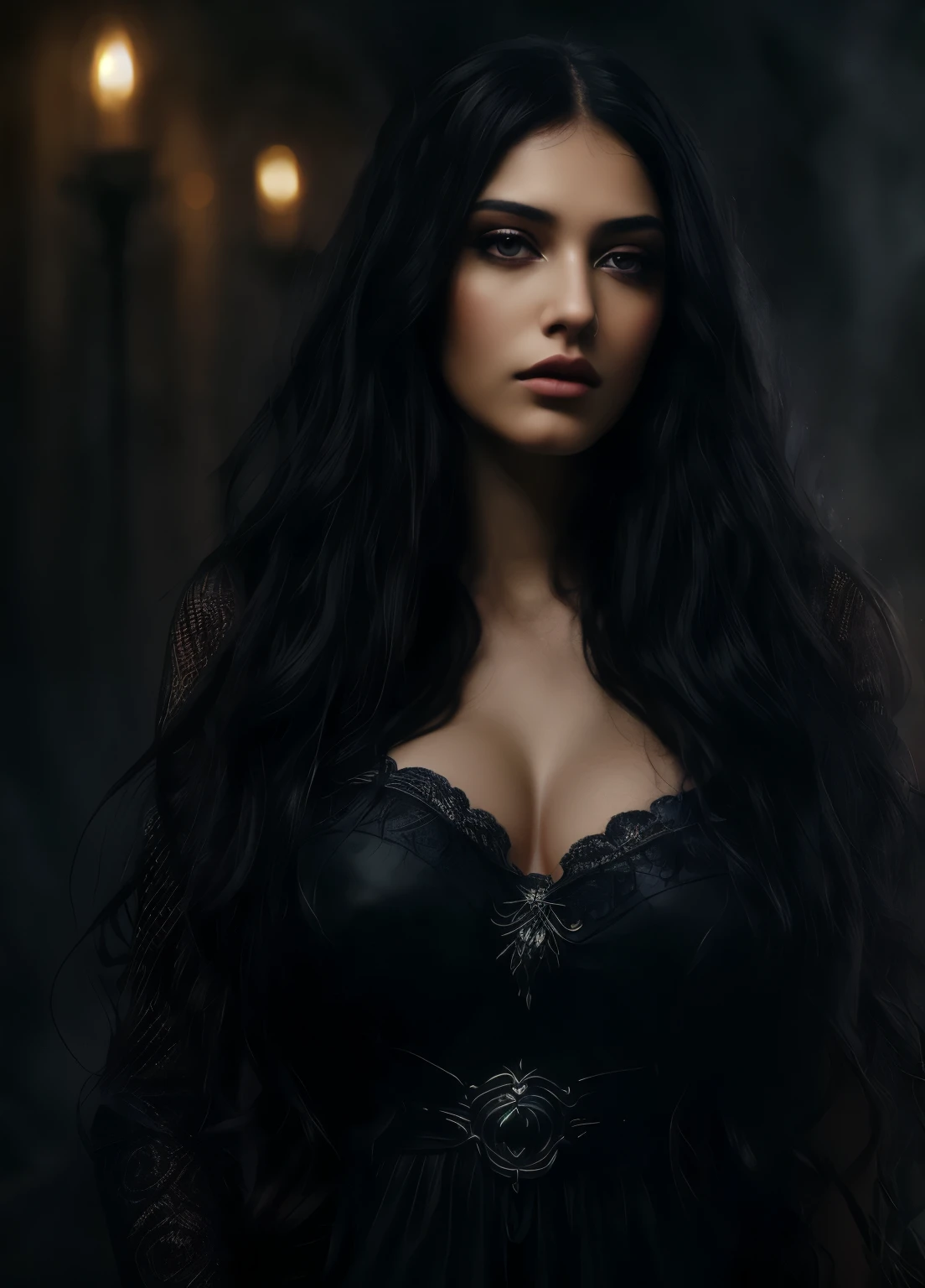 (woman with long curly dark hair, fair skin and blue eyes, tall and curvy with long legs, beautiful detailed eyes, beautiful detailed lips, extremely detailed face, longeyelashes), (fantasy portrait, digital art, hyperrealistic, oil painting, vibrant colors, chiaroscuro lighting, dramatic lighting, dramatic contrast, cinematic composition, photorealistic, 8k, best quality, masterpiece:1.2), (dark moody atmosphere, mystical, ethereal, enchanting, captivating, alluring)