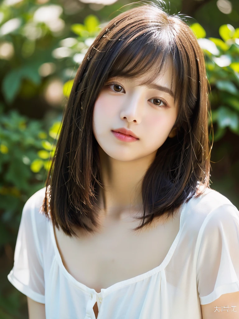 ((Shining beautifully、Very well-groomed straight bob hair))、Plein Air, solo,Highest quality、Ultra-high resolution、Bans (Beautiful poop:1.3) ((cute:1.3))、((16 years old)) White shirt Décolletage Natural color lips (upon) sense of cleanliness Pure Half-open lips