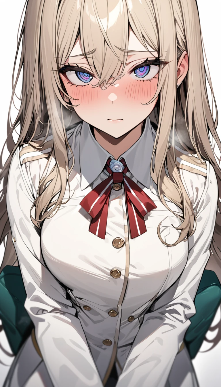 masterpiece, High resolution, perfect face, Korean beautiful junior high school, 30 years old, beautiful face, white background, uniform, embarrassed look, look at the camera, (top quality eyes), detailed texture, look at me, Married woman, cool women, ((high resolution eyes)), hentai