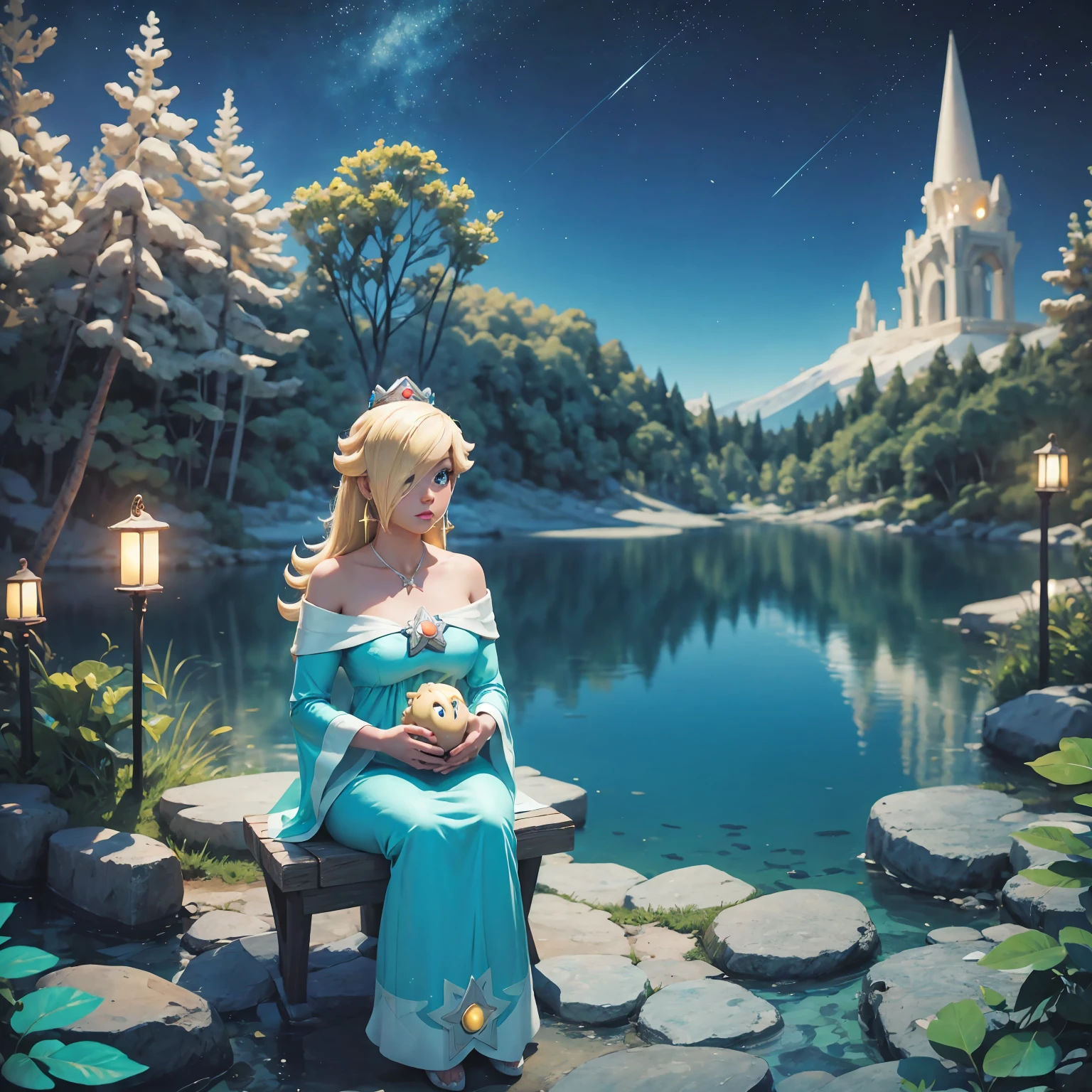 One Blonde Girl Rosalina, In a long blue Greek dress, Disney Animation Style, 2D, Highest quality, Digital Art, Mount Olympus in Greece, night、Sit by the lake, A strange look, The contemplative mind