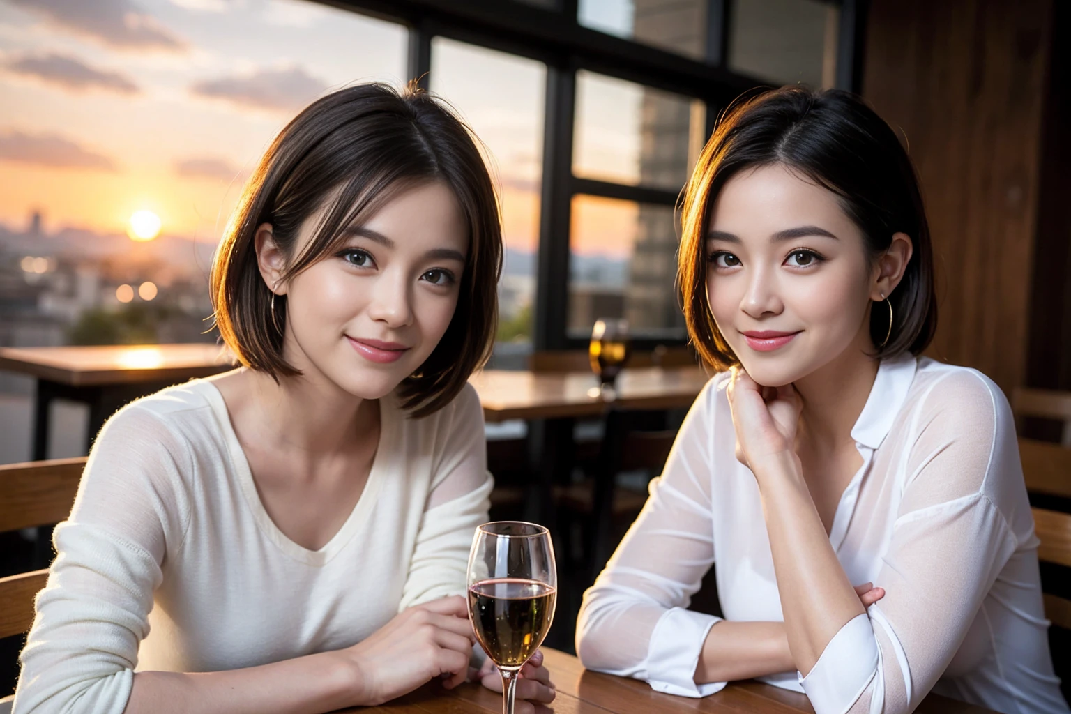 （Realistic:1.2）,(masterpiece,Highest quality)，8k,((men and women)),Age 35,37 years old、最高のsmile、Happy Couple, Full course dinner at the table、Wine Party、wine glass、White wine、sparkling wine、red wine、Upper Body、Tight waist,Perfect Anatomy, Brown Hair, short hair,Random Hairstyles,Amazing view of the sunset sky and clouds、Long sleeve shirt、dress,((Highly detailed face and eyes:1.2))(Cute Face:1.4)，Beautiful actress face，Perfect golden ratio face，woman&#39;suit、Nice,(smile:1.2)、