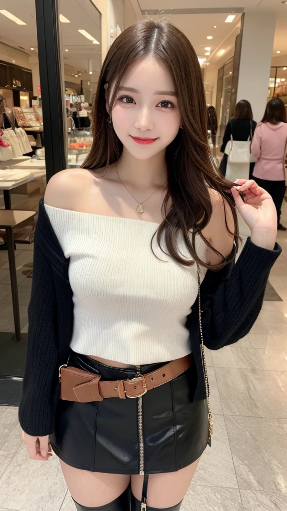 best quality, masterpiece, High resolution, high quality、Beautiful details, Long Hair, Natural color lip、Transparent muscle、Shiny Hair、Tabletop, Top quality, Very detailed, In detail, High resolution, 8k、Cute pose,Beautiful legs,Perfect beautiful face,KPOP idol faces,Ecstatic face、Cute Face,thigh-high boots、leather skirt、Off-the-shoulder sweater、smile、cleavage、Shopping mall、Apparel Shop、bag、belt、mini skirt、20 years old、stand、Platinum Hair