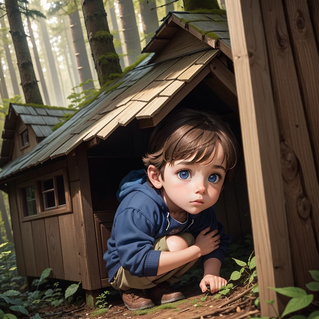 A  about 4 years old with a small stuffed bear, He has brown hair and blue eyes, and finds himself in a wooden house all alone in the forest 