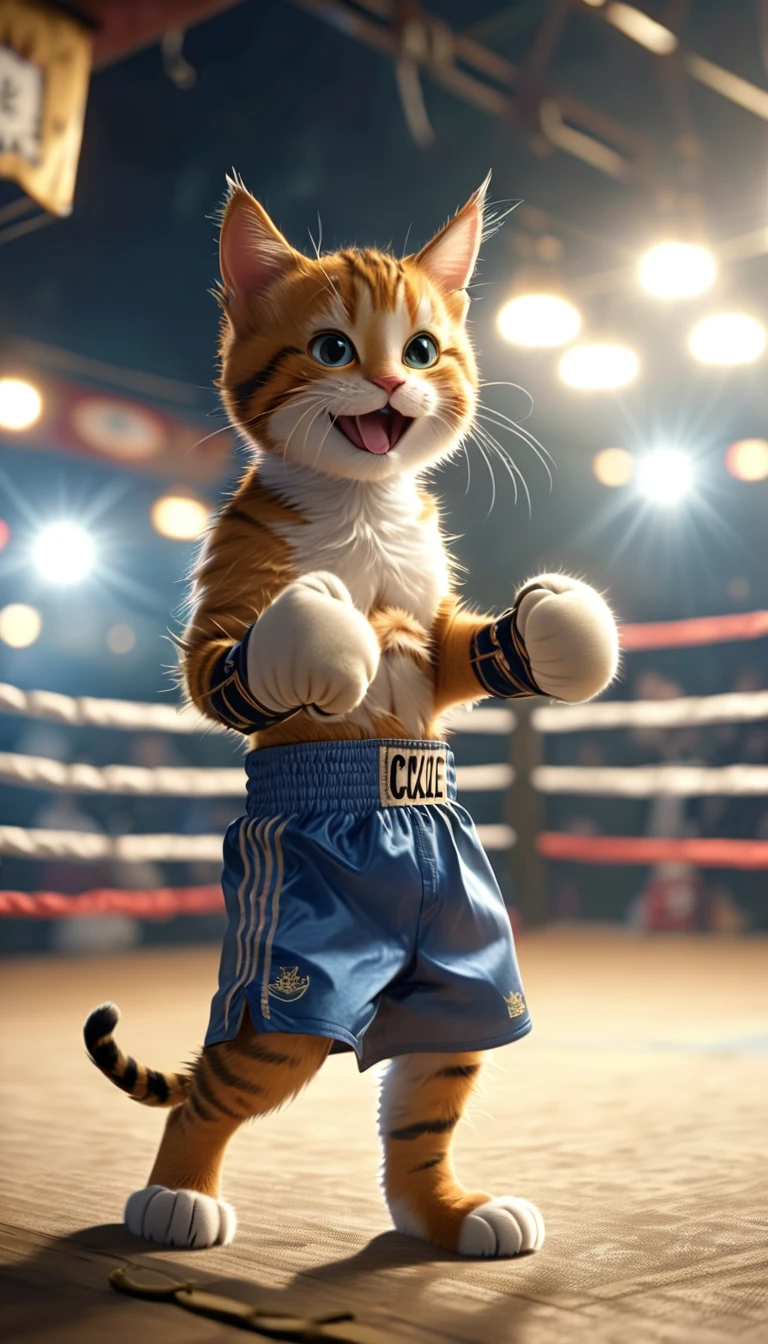 ((8k)), Highest quality, 超high resolution, A cat is boxing in a boxing ring, Wearing boxer shorts、 ((Chuckle-Smile))