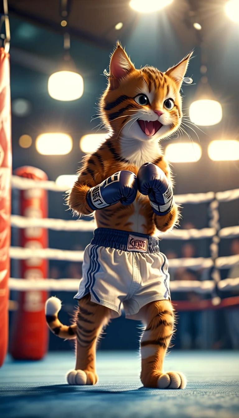 ((8k)), Highest quality, 超high resolution, A cat is boxing in a boxing ring, Wearing boxer shorts、 ((Chuckle-Smile))